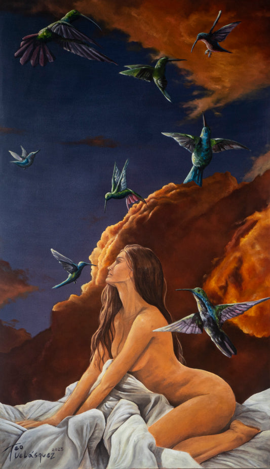 mujer y colibríes